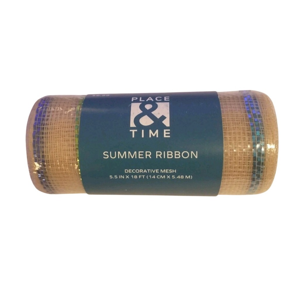 Place & Time Summer Ribbon Decorative Mesh Tan Blue Green Metallic 5.5in x 18ft